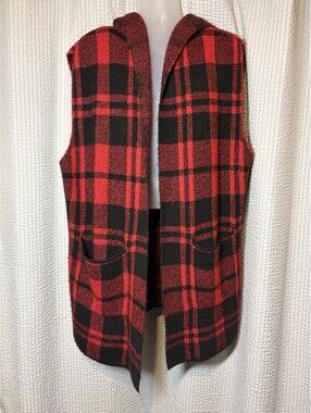 Cato Women's Red Black Buffalo Plaid Hooded Open Front Vest Pockets 18/20